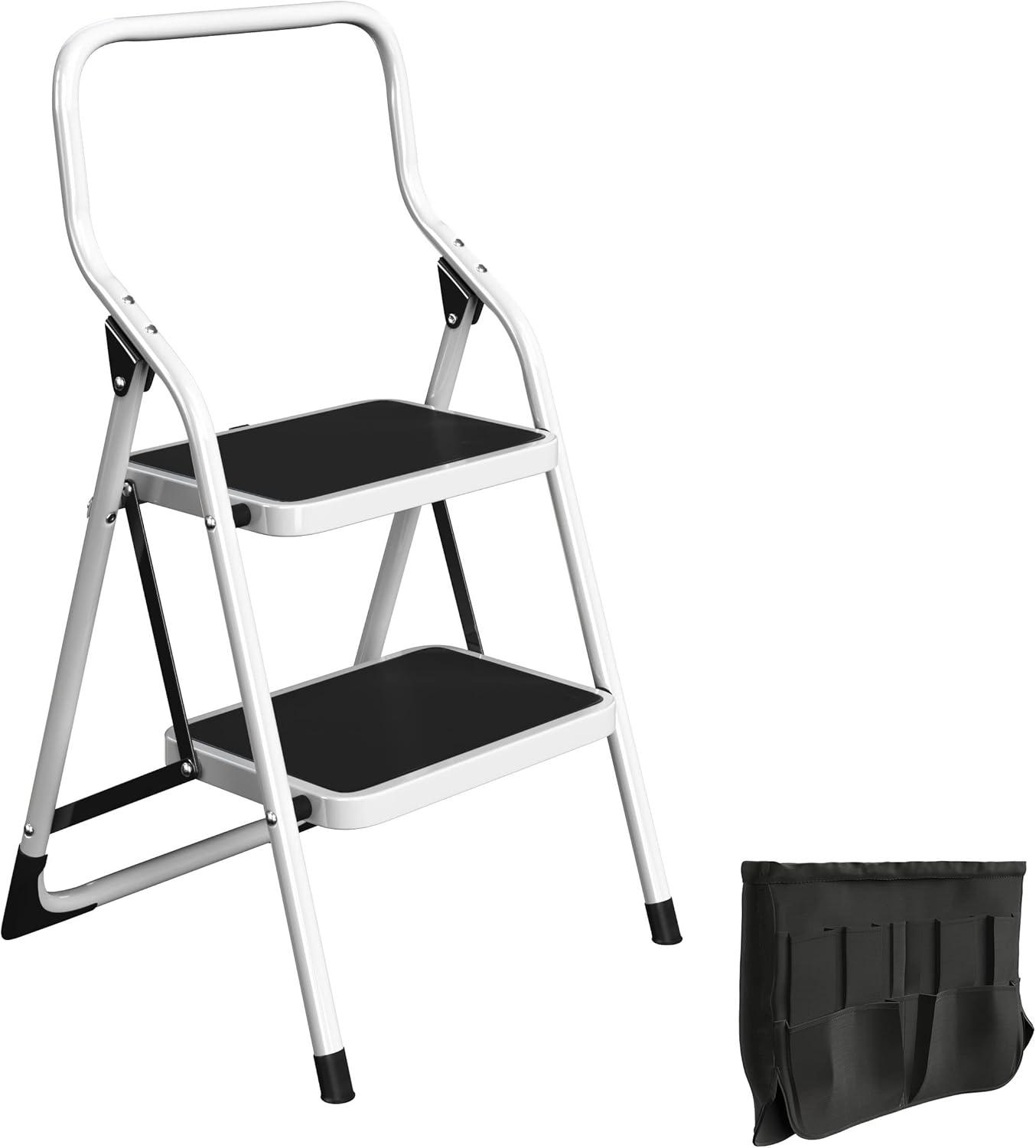 White Foldable 2-Step Steel Ladder with Handrails and Tool Bag