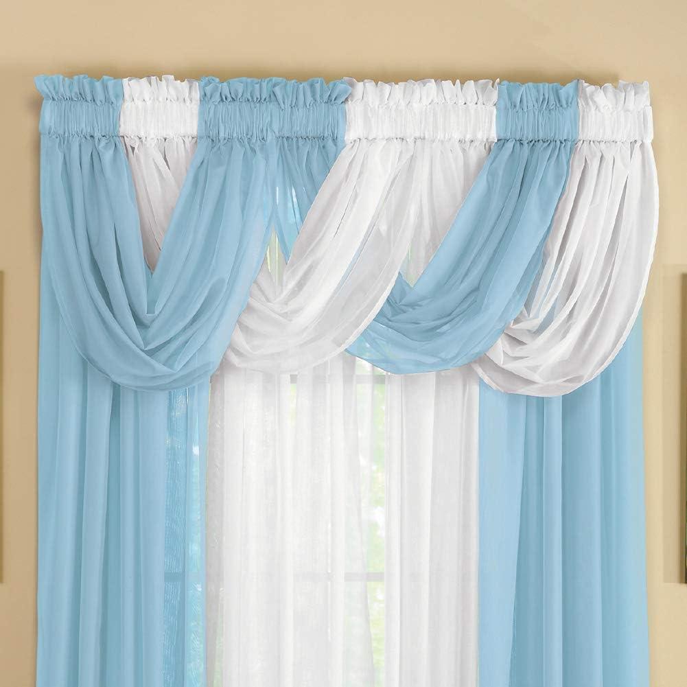 Collections Etc Scoop Two-Piece Rod Pocket Solid-Colored Sheer Valances for Windows, Decorative Accent and Added Privacy for Any Room in Home, Blue