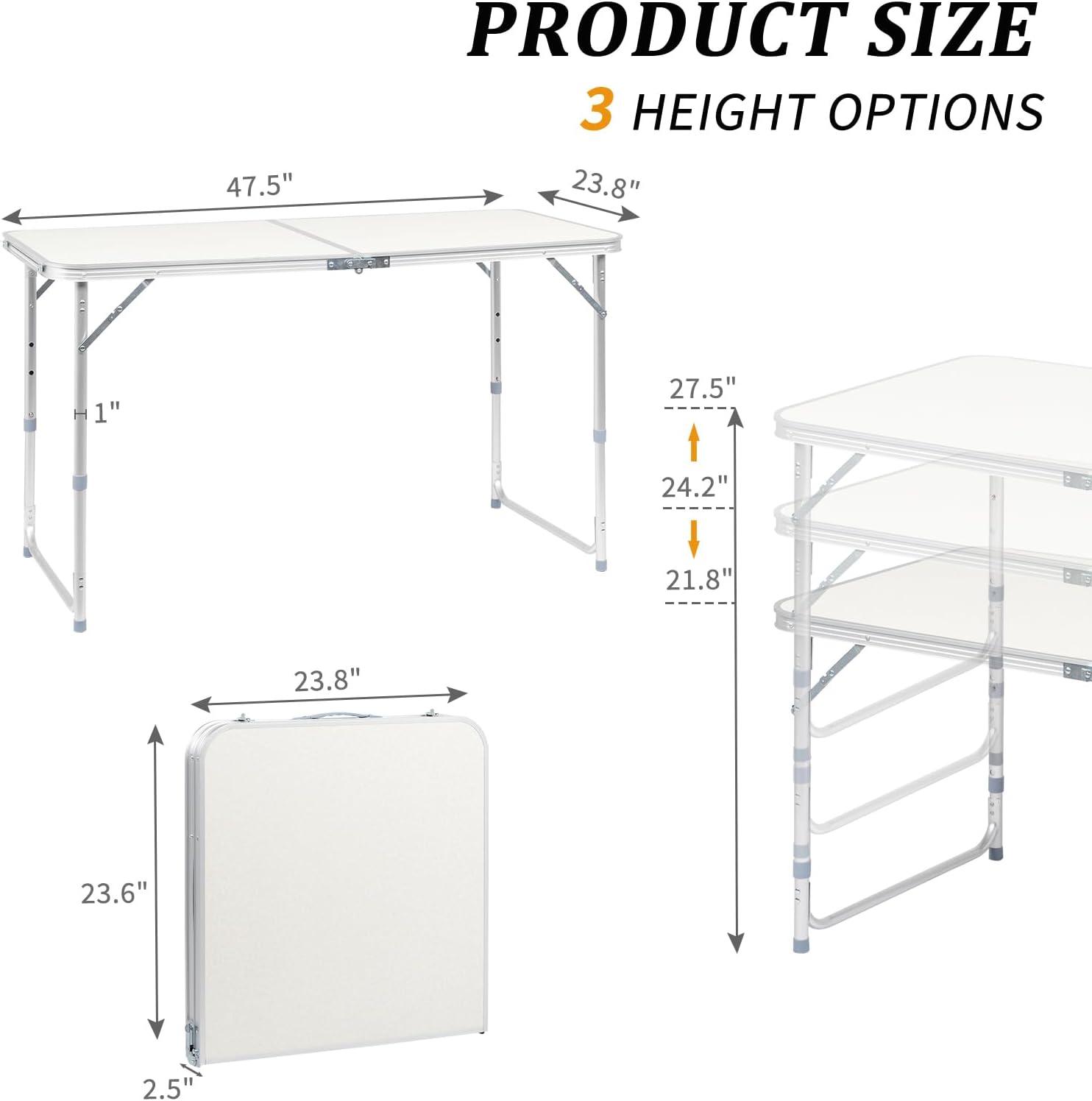 saney 4ft Portable Folding Camping Table, Outdoor Waterproof Adjustable Height Table, Aluminum Lightweight Suitcase Foldable Table for Picnic BBQ Beach Dining