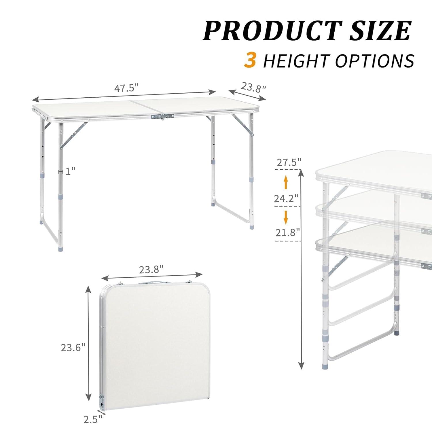 4ft White Aluminum Adjustable Folding Camping Table