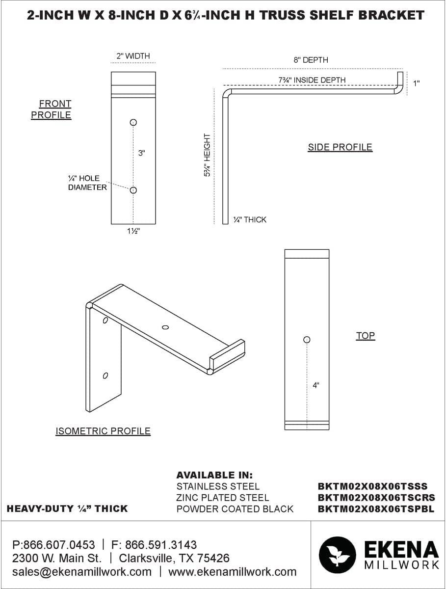 Ekena Millwork 2"W x 8"D x 6 3/4"H Steel Truss Shelf Bracket, Unfinished