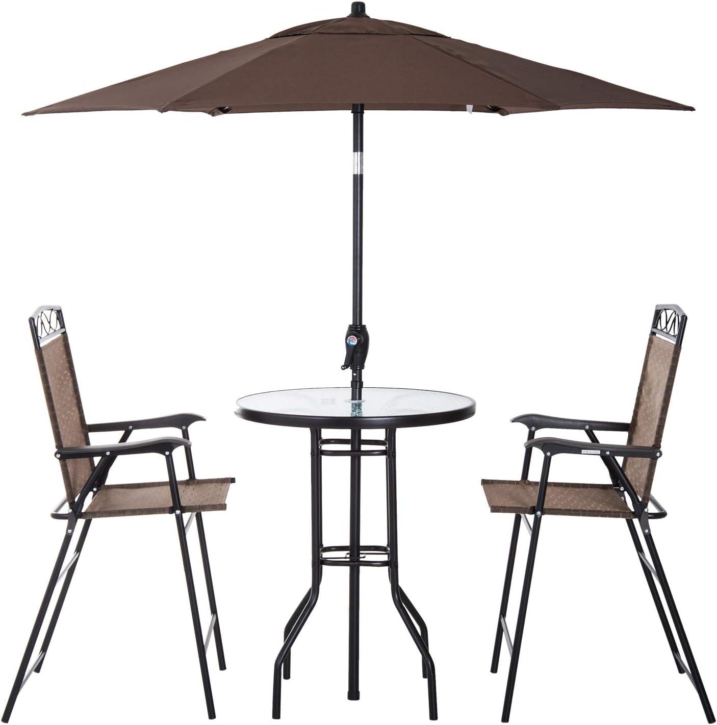 Outsunny 4 Piece Patio Bar Set for 2 with 6' Adjustable Tilt Umbrella, Outdoor Bistro Set with Folding Chairs & Glass Round Dining Table