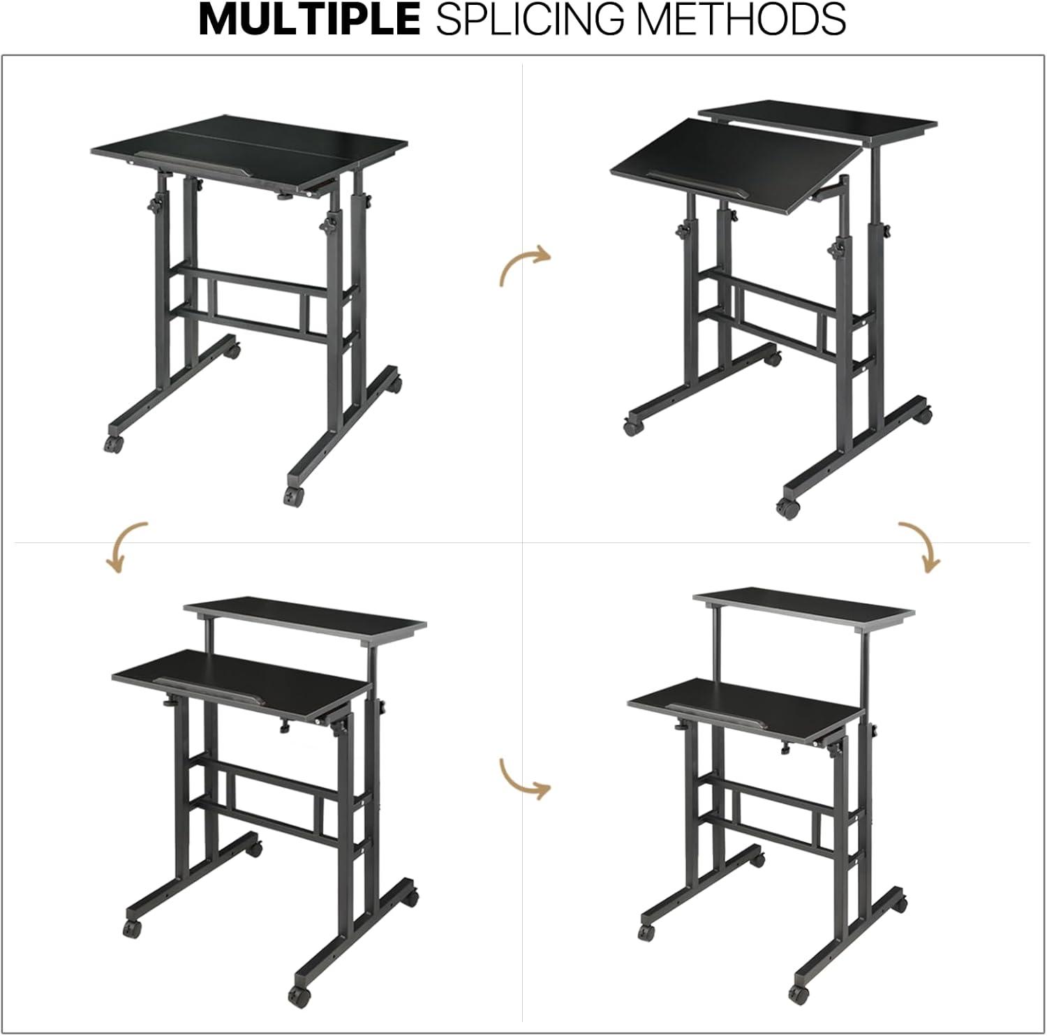 Inbox Zero Oziel Mobile Computer Desk, Adjustable Height Laptop Standing Desk with Tilting Tabletop and Monitor Shelf