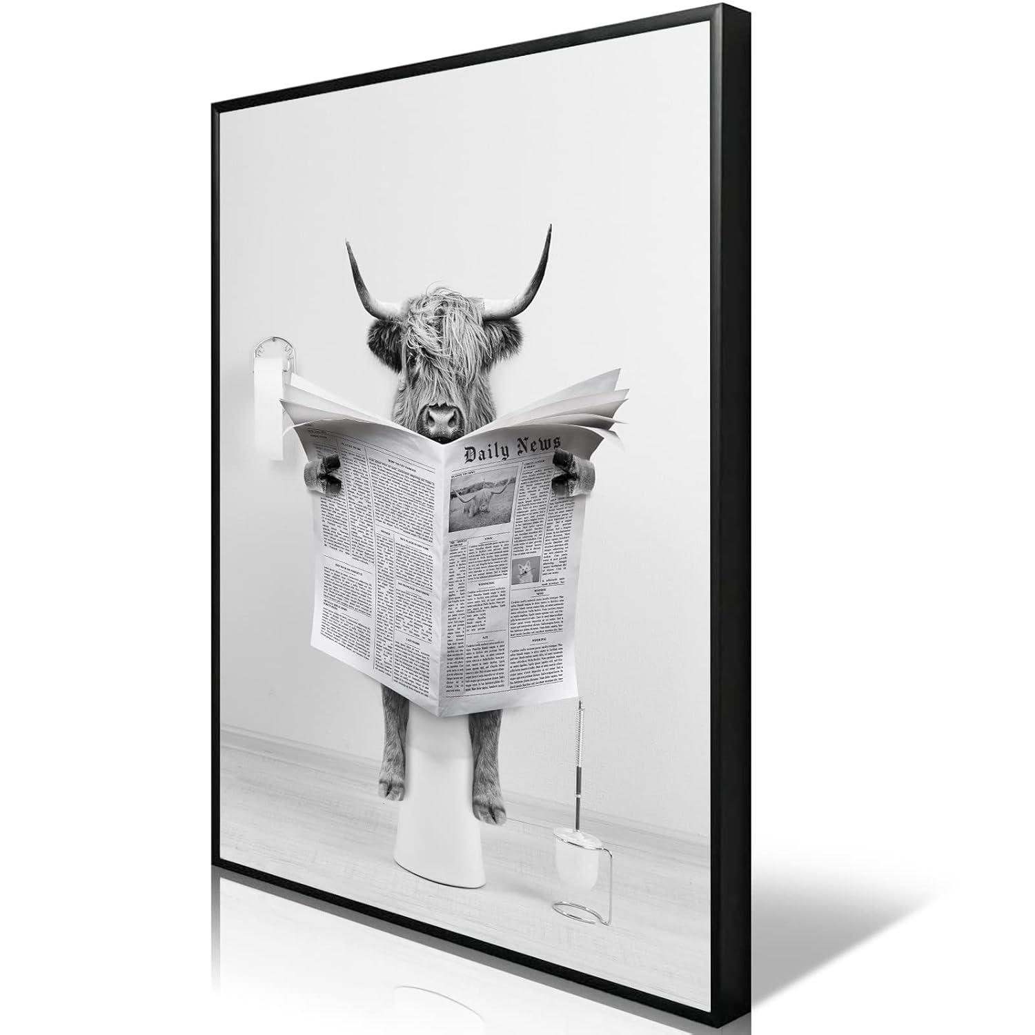 Modern Black Framed Highland Cow Wall Art Minimalist Bathroom Wall Decor Cute Funny Animals Artwork Canvas Prints Ready to Hang for Guest Bathroom, Hotel, Condo, Kids Bathroom, 12”x16”