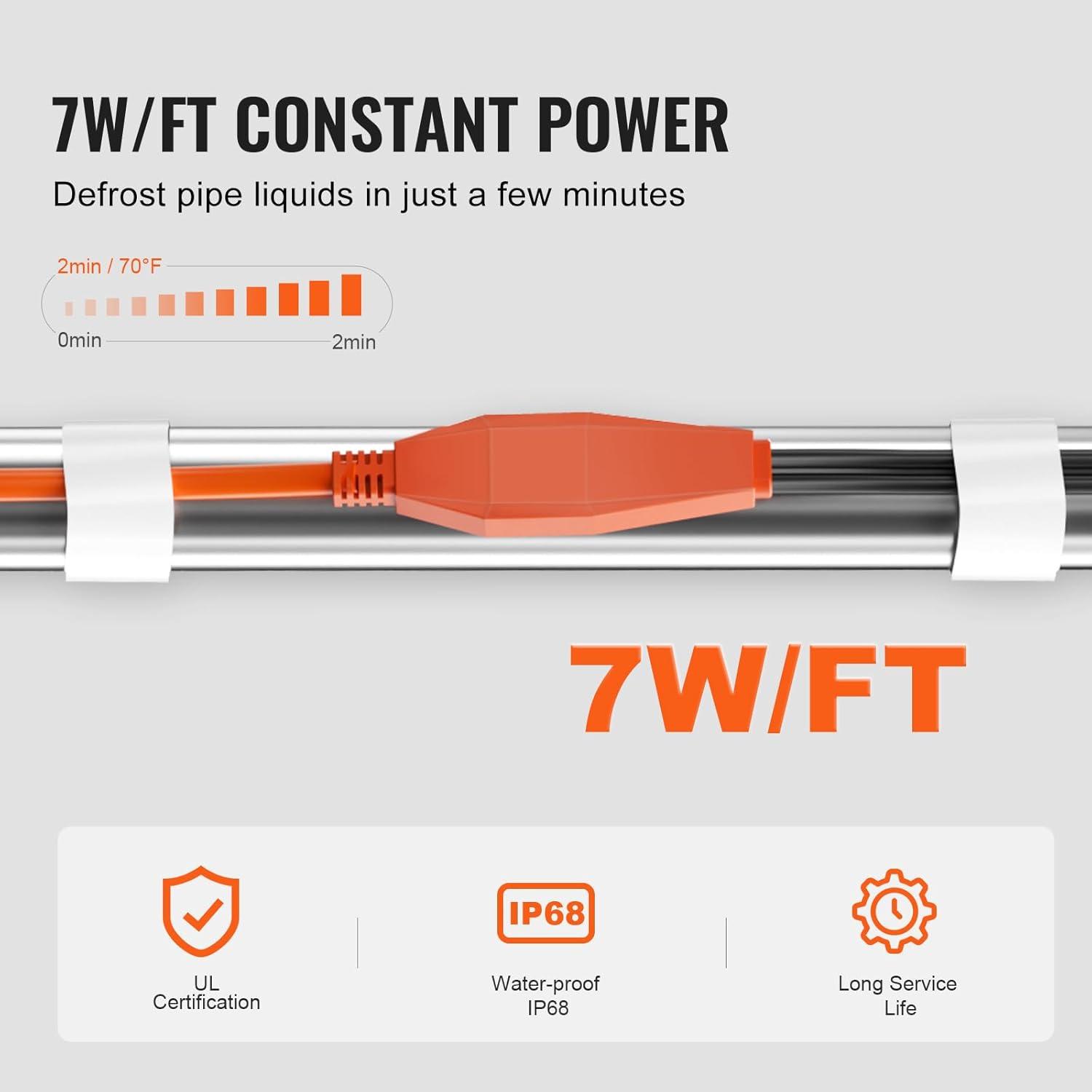 VEVOR Pipe Heating Cable 24FT 7W/FT Heat Tape for Pipes with Built-in Thermostat