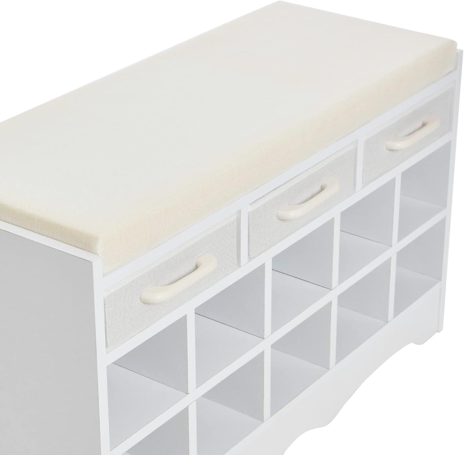 Entryway Storage Bench with 3 Drawers, 10 Shoe Compartments and Cushioned Seat