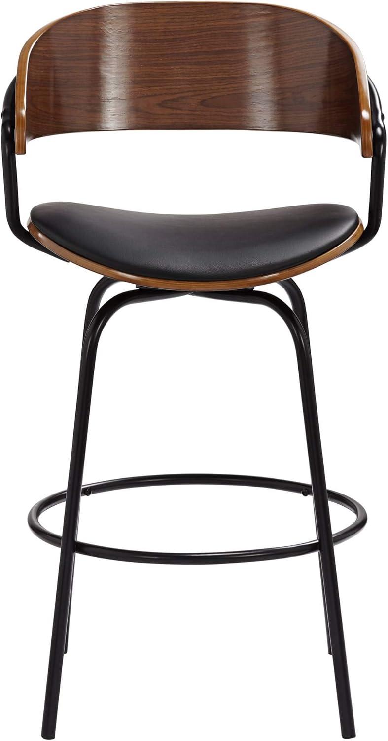 Elm Lane Larsen Black Swivel Bar Stool 26" High Mid Century Modern Faux Leather Cushion with Walnut Backrest Footrest for Kitchen Counter Height Home