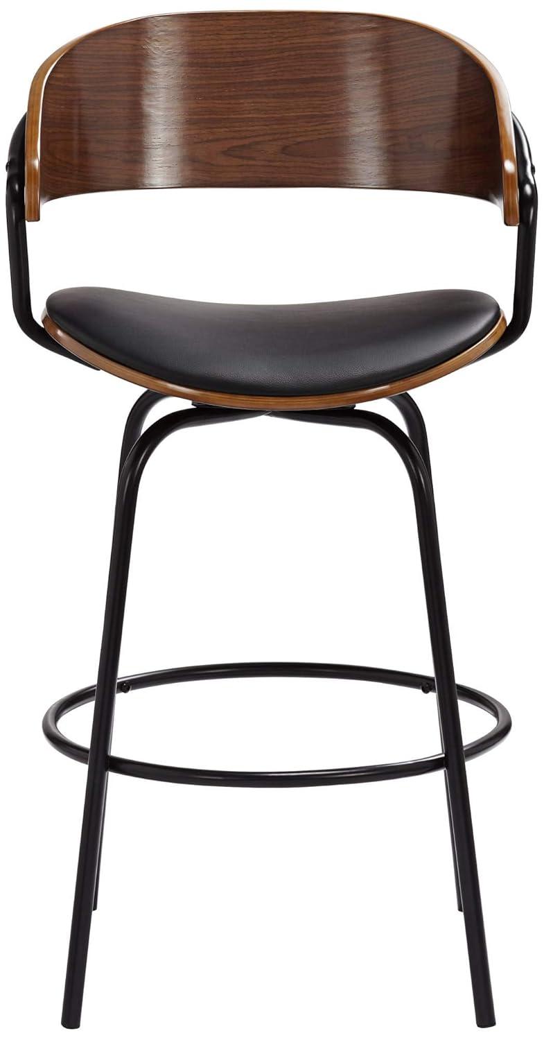 Elm Lane Larsen Black Swivel Bar Stool 26" High Mid Century Modern Faux Leather Cushion with Walnut Backrest Footrest for Kitchen Counter Height Home