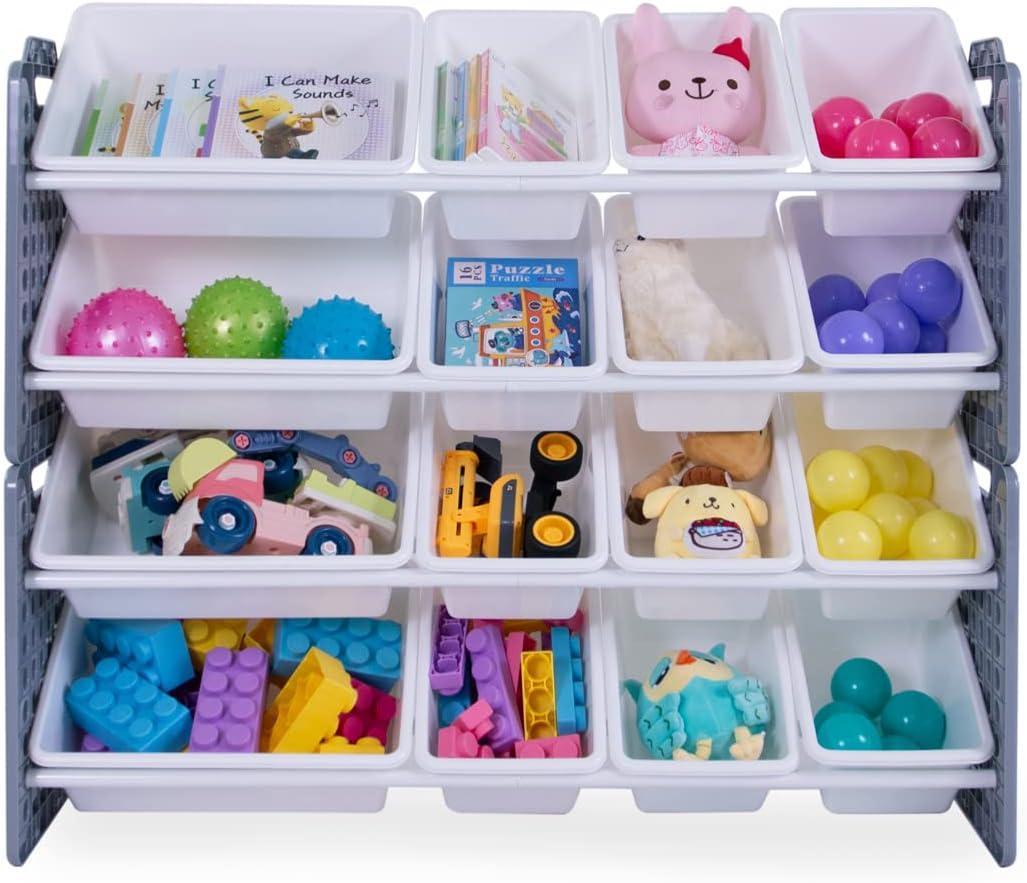 UNiPLAY Toy Organizer With 16 Removable Storage Bins and Block Play Panel, Multi-Size Bin Organizer