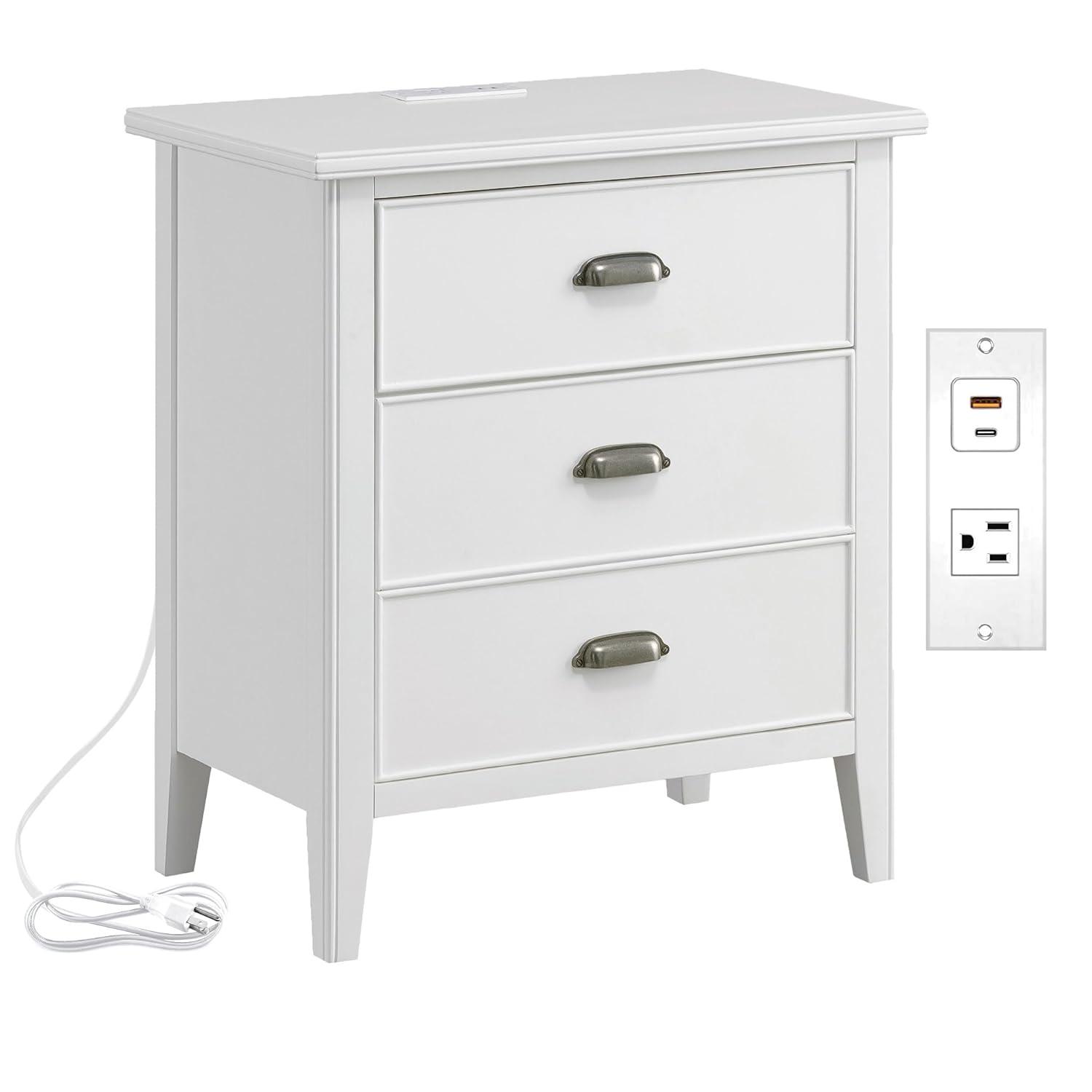 Laurent Collection Hardwood Bedroom Night Stand with Top Drawer, Door and 2-plug Electrical Outlet