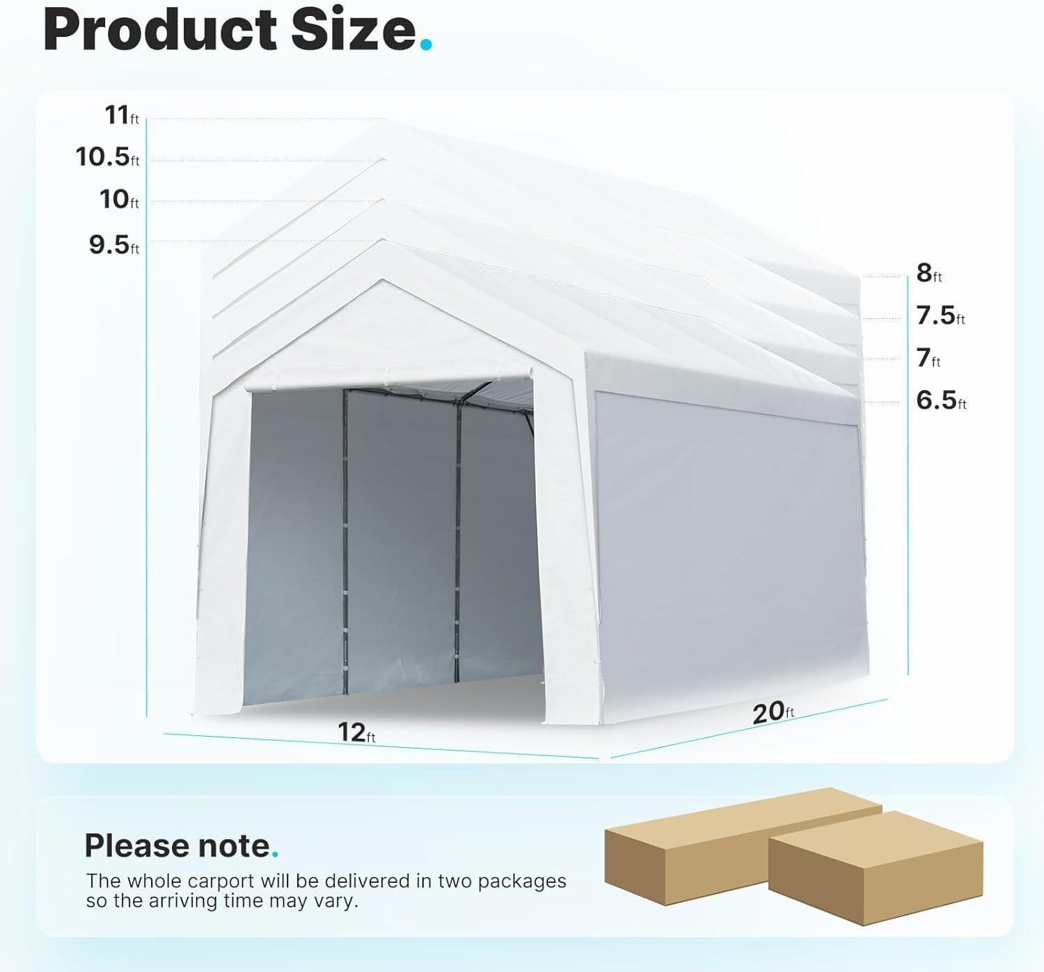 White 12' x 20' Heavy Duty Waterproof Carport Canopy