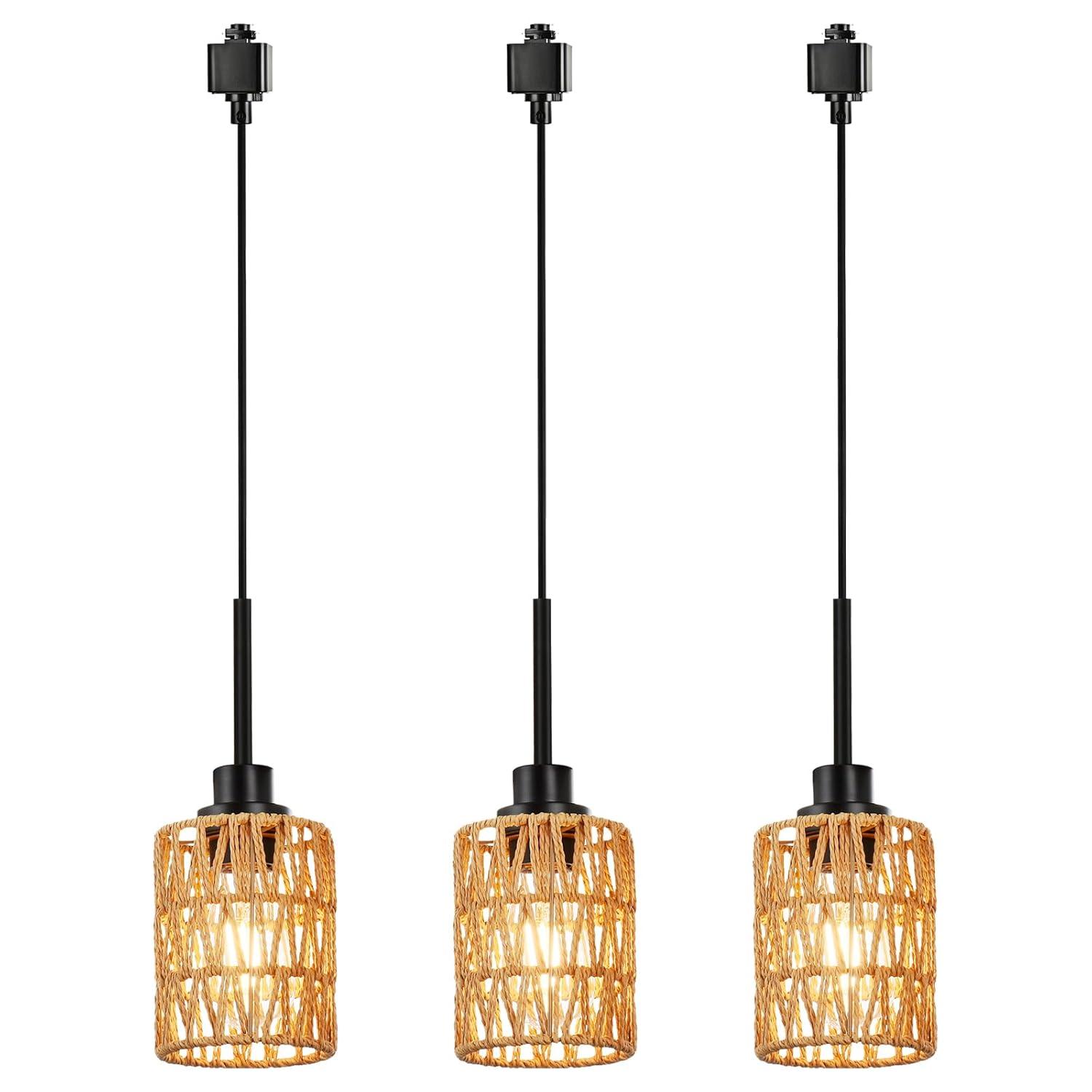 3-Pack H Type Track Lighting Pendants, Ceiling Track Hanging Light Fixture with Hand-Woven Rattan Shade, H-Type Tracking Boho Pendant Lighting Fixtures for Kitchen Island Dining Room, E26 Base