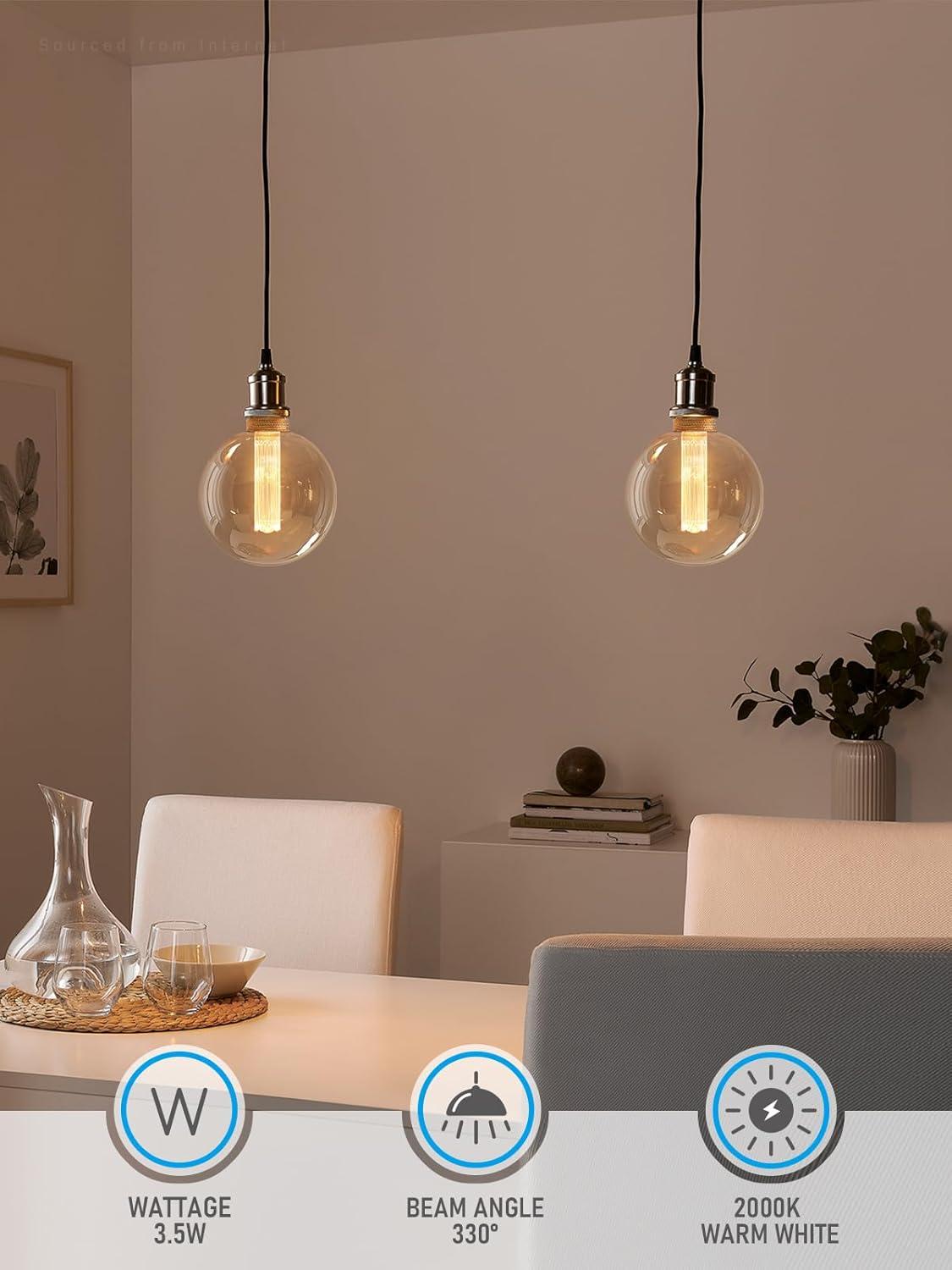 3.5W LED G125 Globe Edison Bulbs Dimmable, Virtual Filament Vintage Decorativ Bulb, Amber Glass, E26 Base, 2000K Soft Warm, UL Listed