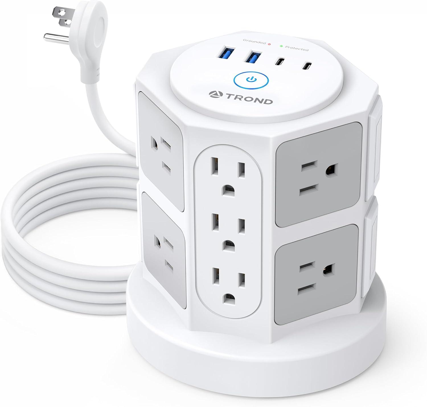 White and Gray Tower Surge Protector Power Strip with USB Ports