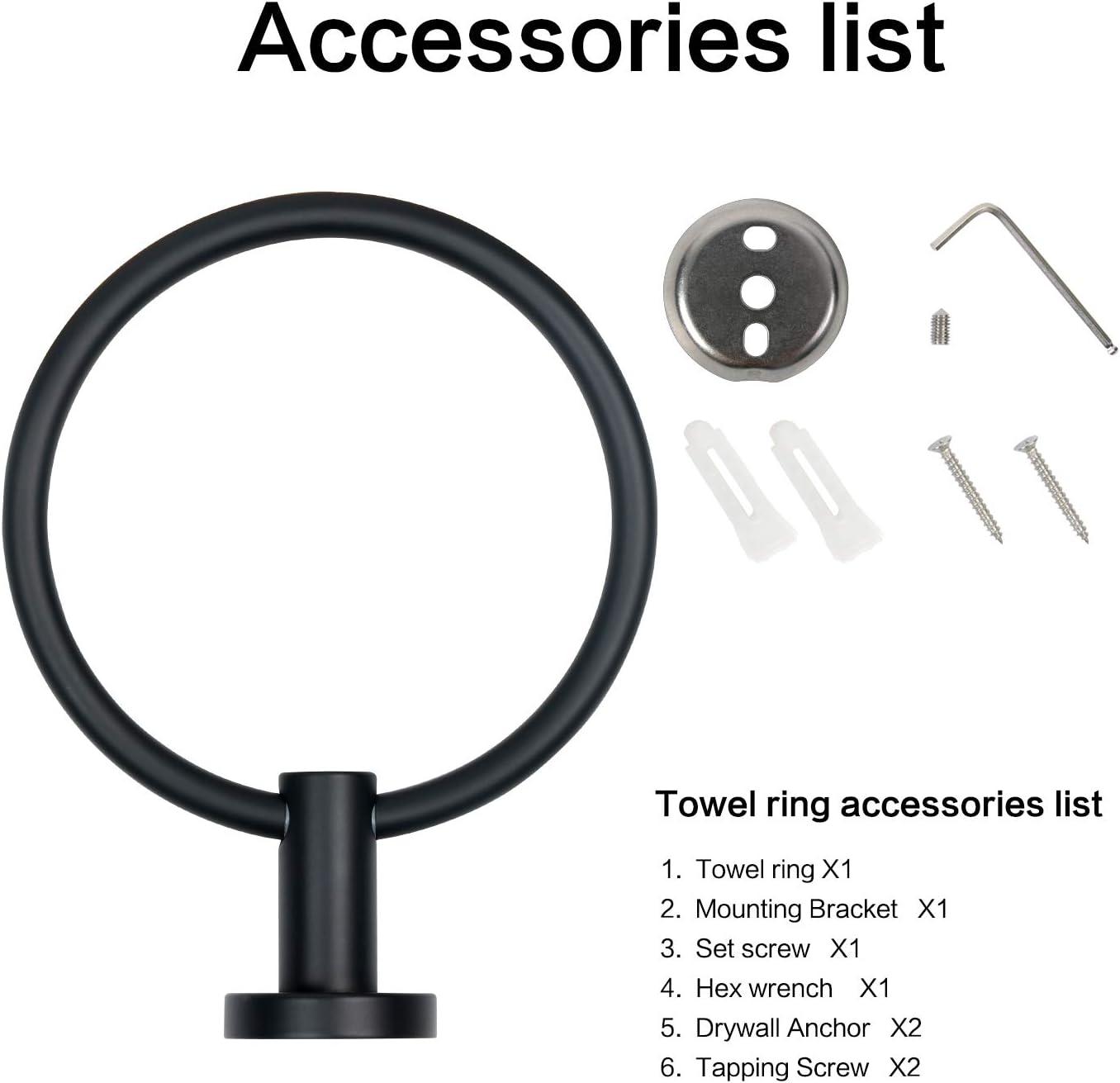 Matte Black Towel Ring for Bathroom Stainless Steel Rustproof Modern Hand Towel Holder Hangers Round Wall Mount Bath Hardware Set with Installation Accessories and Instructions