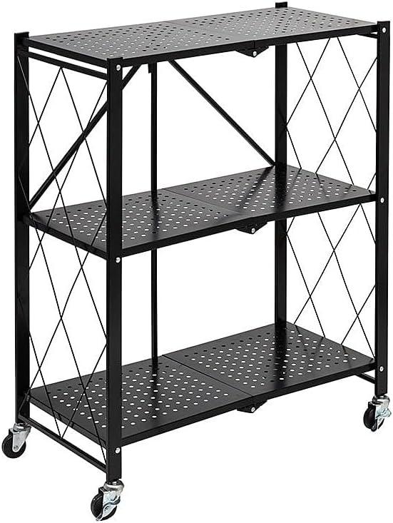 Black Metal 3-Tier Foldable Mobile Shelf Rack