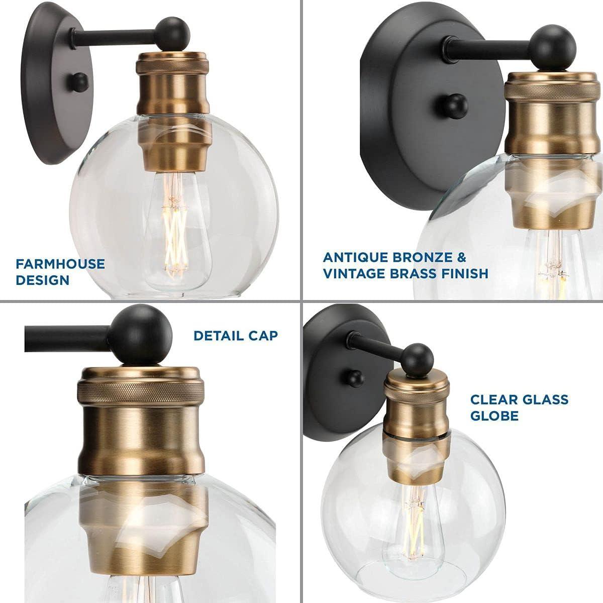 Progress Lighting Hansford 1-Light Bath & Vanity Fixture, Antique Bronze, Clear Spherical Shade