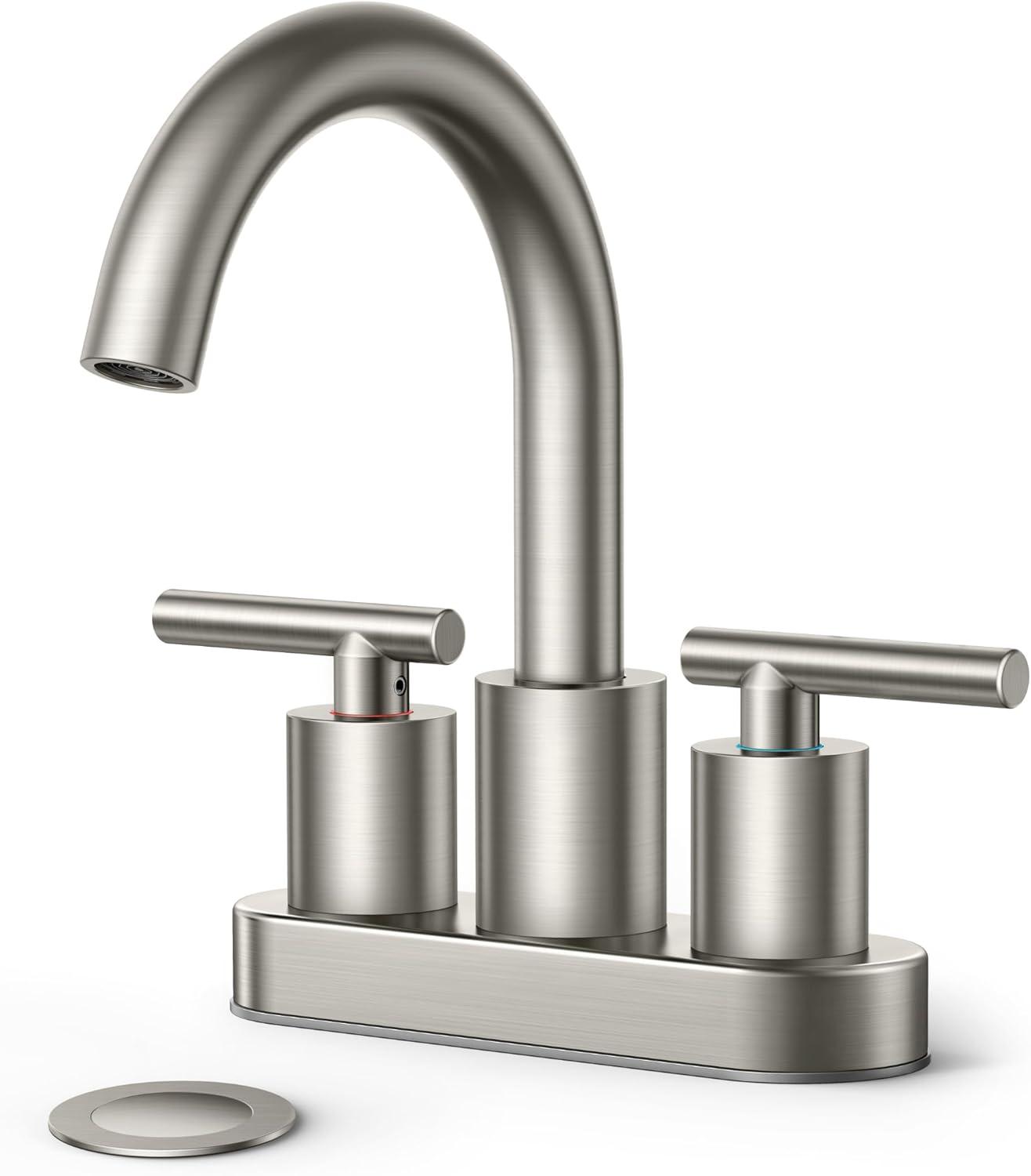 Brushed Nickel Double Handle Low Arc Bathroom Faucet with Drain Kit