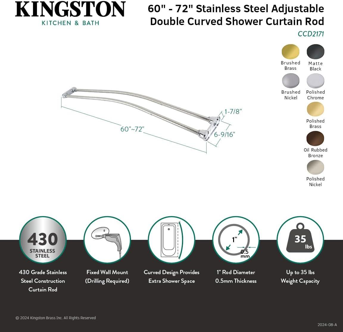 Kingston Brass Edenscape 60-Inch to 72-Inch Adjustable Double Curved Shower Curtain Rod