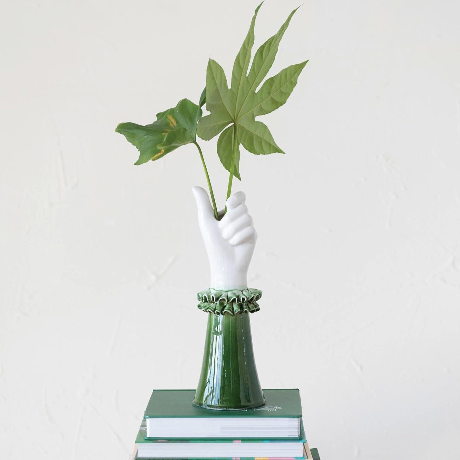 Creative Co-Op Stoneware Hand Vase with Ruffled Shirt Sleeve, Green and White