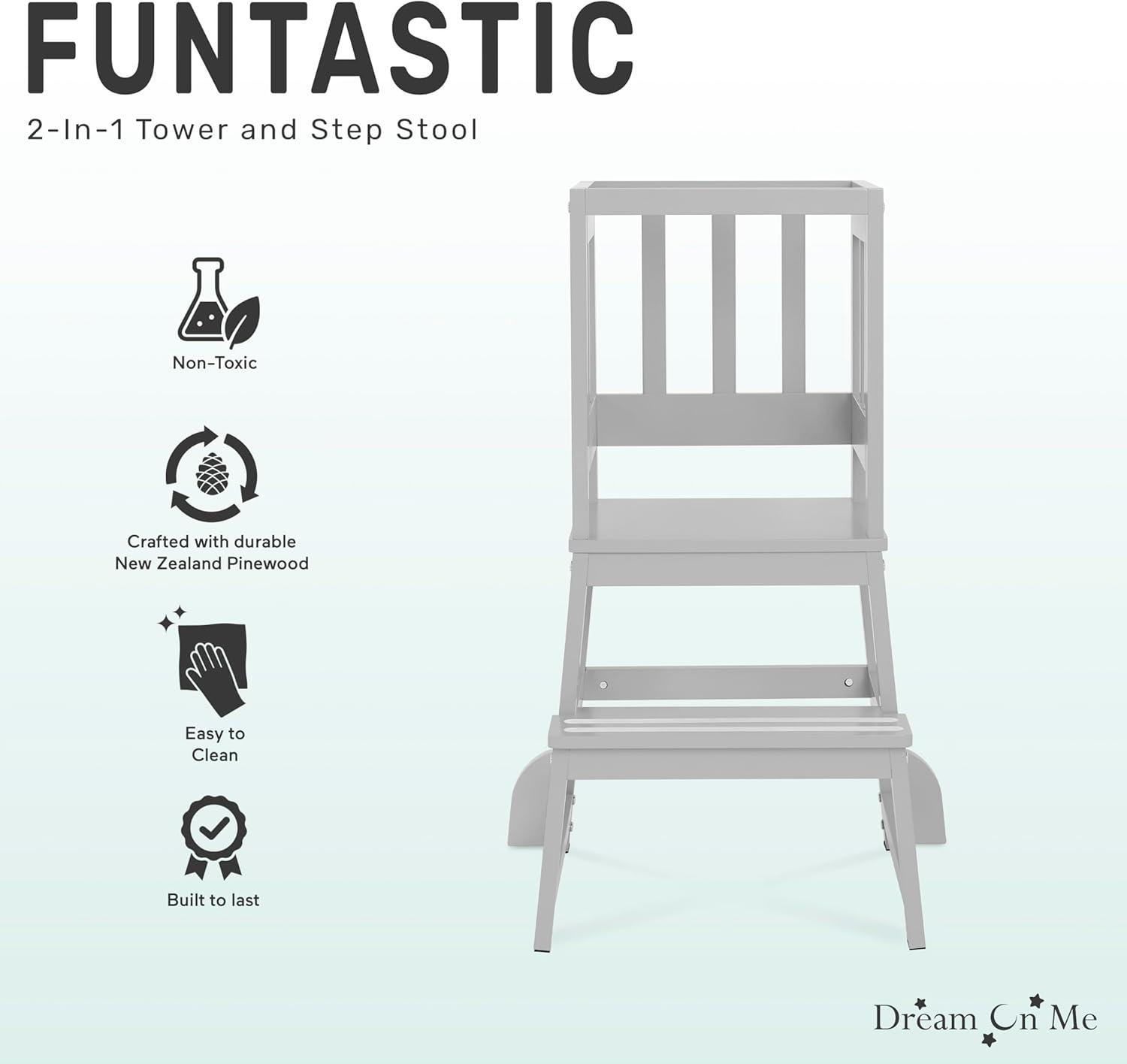 Dream On Me 2-in-1 Funtastic Tower and Step Stool, Easy to Assemble, Cool Grey