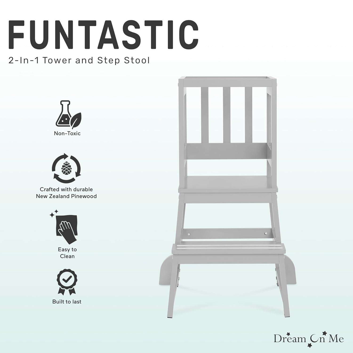 Dream On Me 2-in-1 Funtastic Tower and Step Stool, Easy to Assemble, Cool Grey