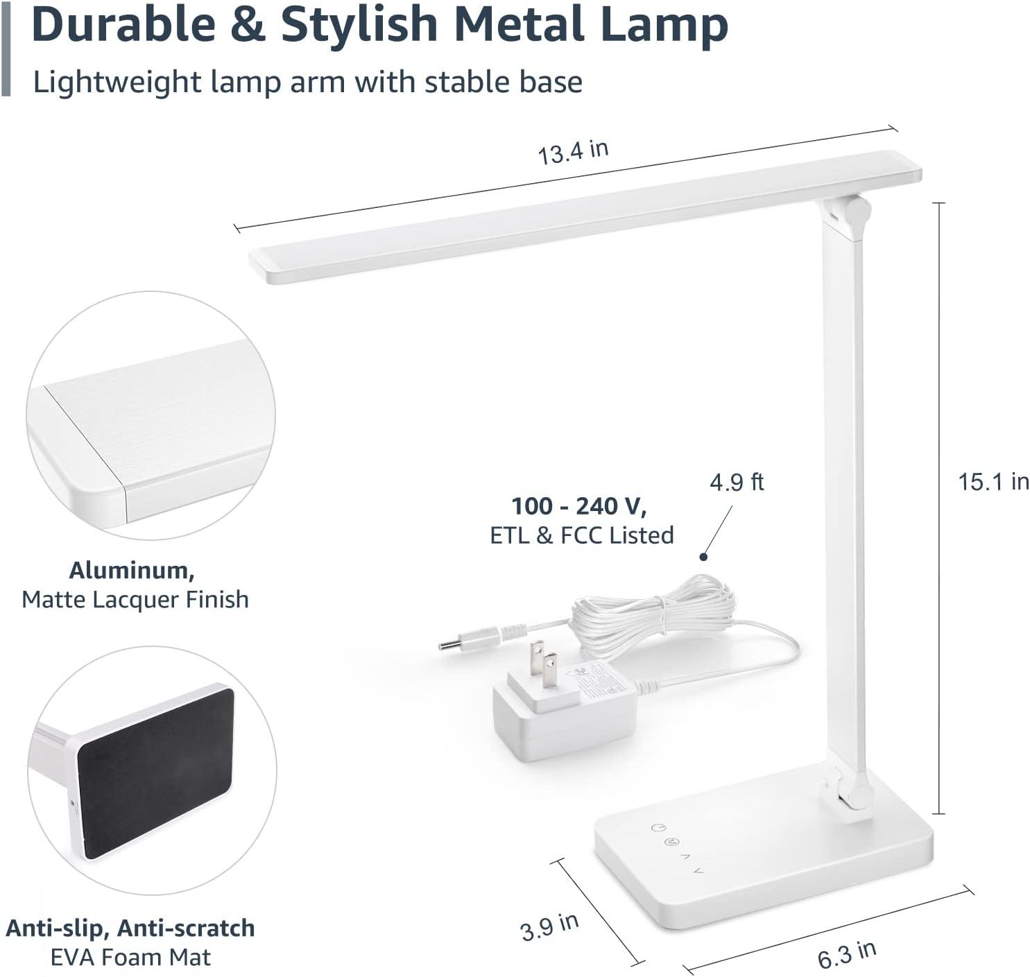 Lepro LED Desk Lamp, Metal Desk Light 9W 655lm, Dimmable Home Office Desktop Task Lamp Touch Control, 3 Color Modes, School Supplies College Dorm Room Essentials, Reading, Crafting, Sewing, White