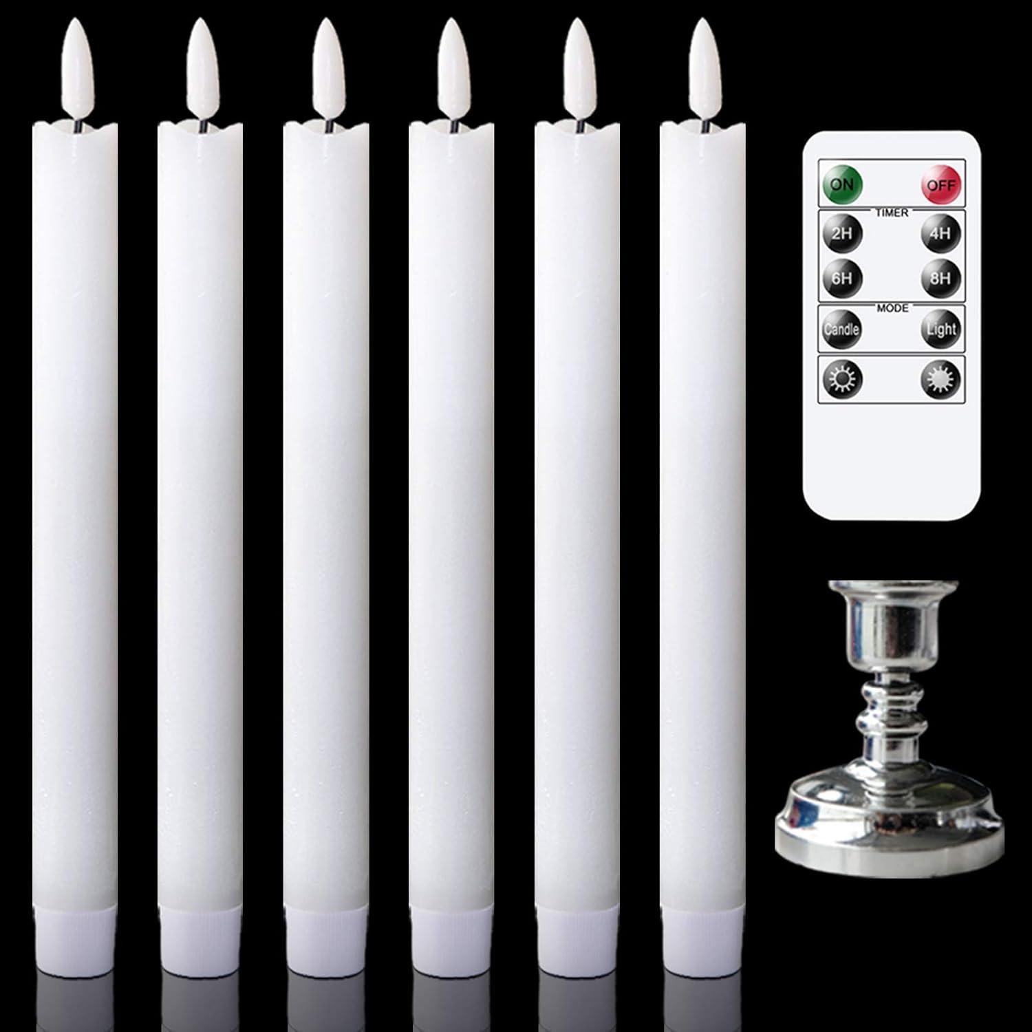 White Wax LED Flameless Taper Candles with Silver Holders, Pack of 6