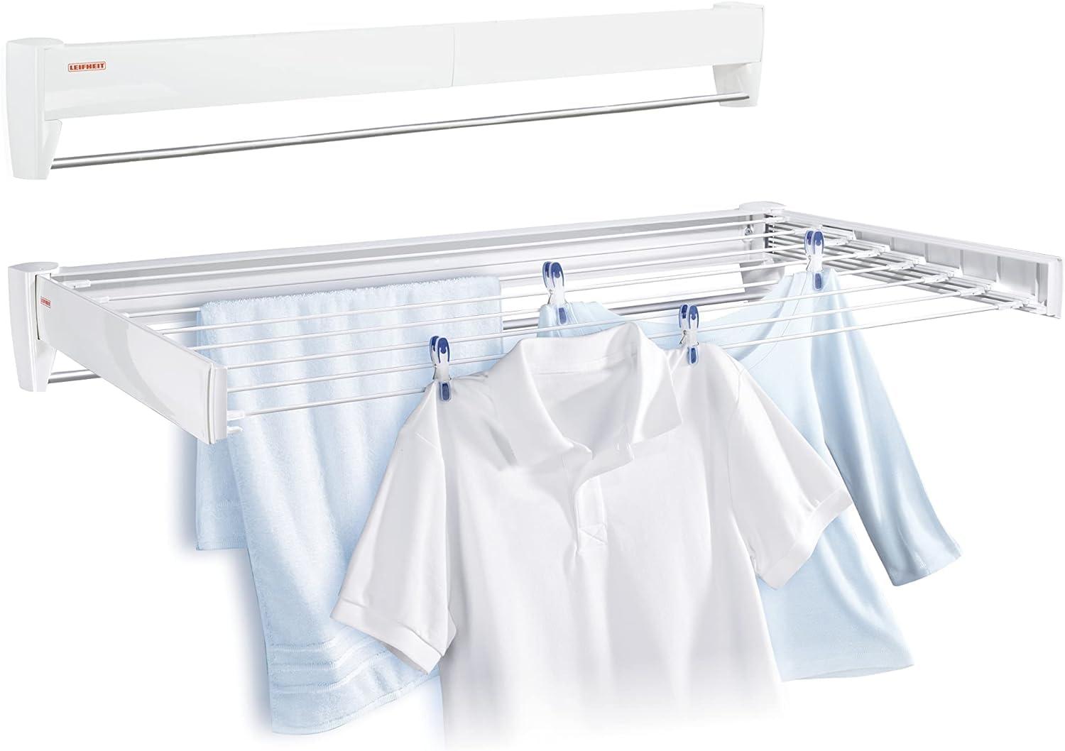 Leifheit Telefix 100 Wall-Mounted Retractable Clothes Drying Rack with 8 Rods, 26 ft. of Drying Space & Sleek Design for Laundry or Dorm Rooms, White