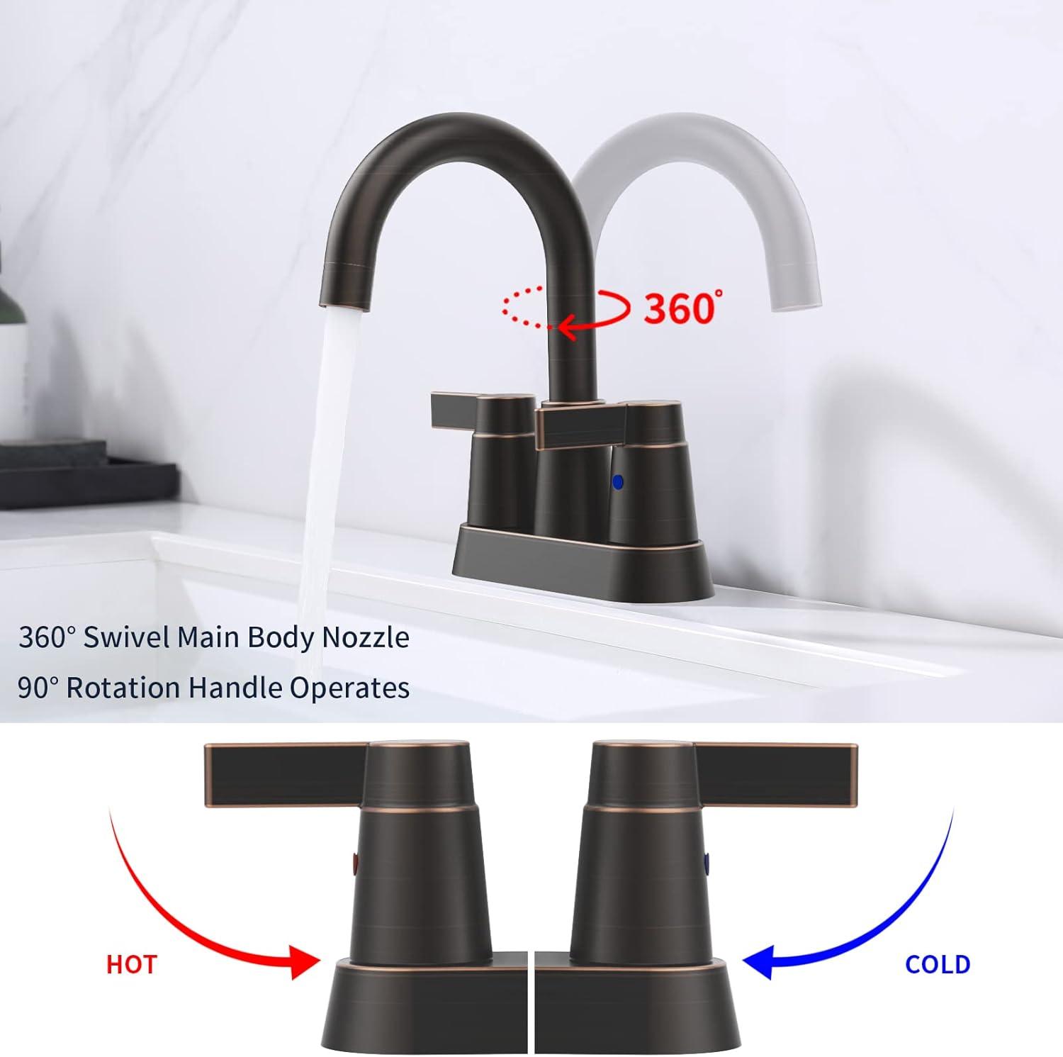 Fithood Bathroom Faucet Oil Rubbed Bronze 2-Handle Bathroom Sink Faucet 360 Degree High Arc Swivel Spout Centerset 4 Inch Vanity Faucet Bathroom Faucet 3 Holes Lavatory Faucet