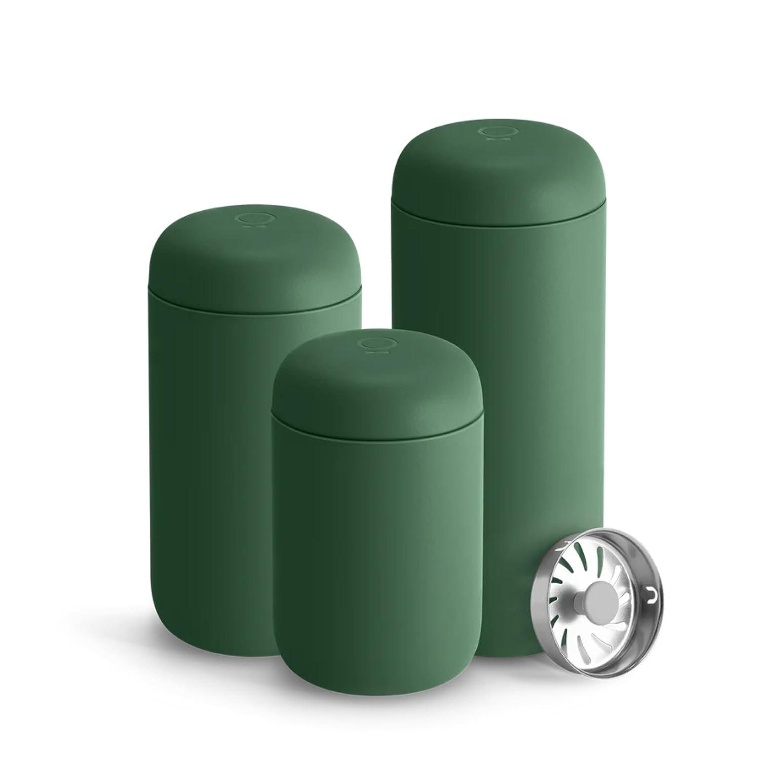 Fellow 12 oz Carter Move Travel Mug - Vacuum-Insulated Stainless Steel Travel Coffee Mug - Coffee Tumbler with Ceramic Interior and Splash Guard - Cargo Green