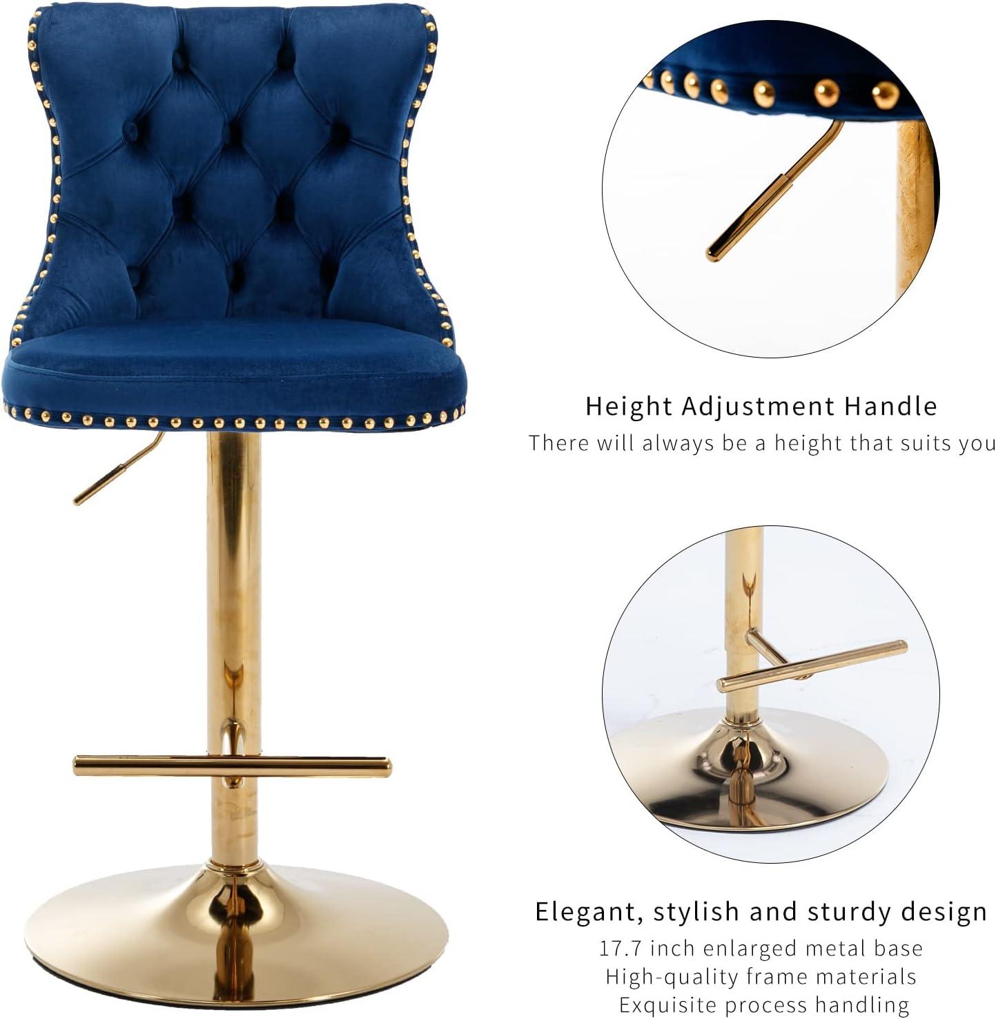 Sesslife Swivel Counter Height Bar Stools Set of 2, Upholstered Velvet Fabric High Bar Chairs with Golden Nail Trim, Adjustable Seat Height, Barstools with Back and Footrest for Kitchen Island, Blue
