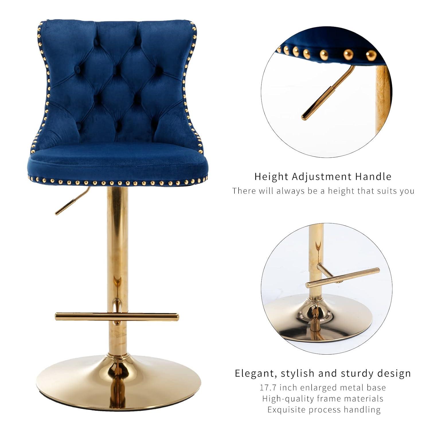 Sesslife Swivel Counter Height Bar Stools Set of 2, Upholstered Velvet Fabric High Bar Chairs with Golden Nail Trim, Adjustable Seat Height, Barstools with Back and Footrest for Kitchen Island, Blue