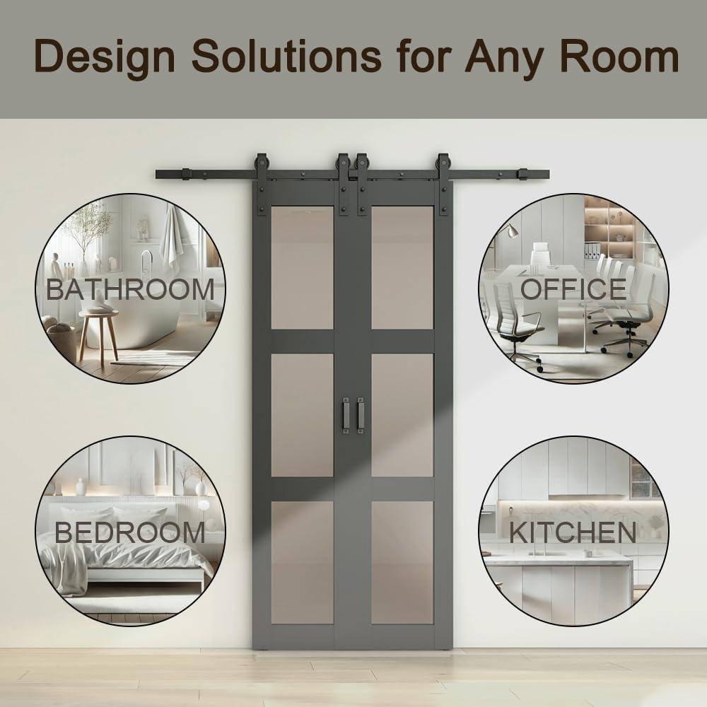 Calhome 3-Lite Tempered Frosted Glass White Finished Composite Double Sliding Barn Door with Hardware Kit Handle