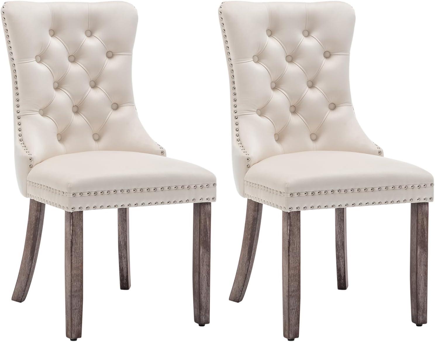 BELLEZE Upholstered Dining Chairs Set of 2, Velvet Luxury Dining Room Chairs with Button Back, Nailhead Trim, Pull-ring, Solid Wood Legs for Kitchen, Living Room, Restaurant - Chandler (Beige)