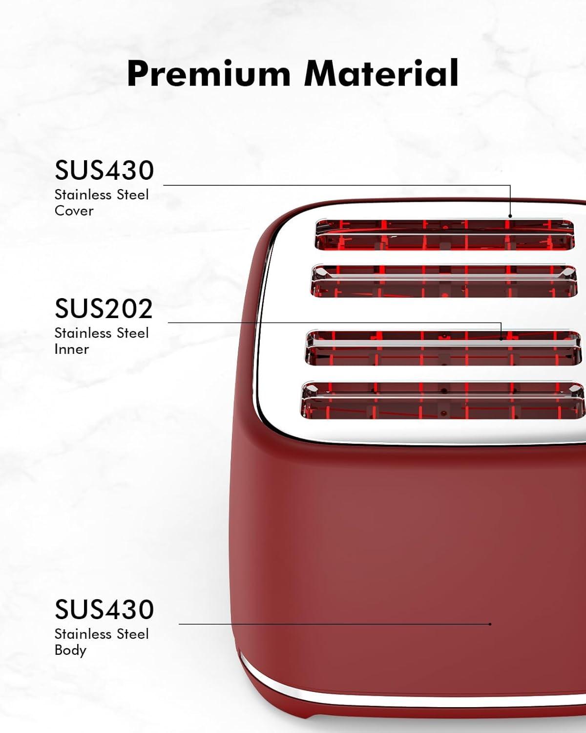 LONGDEEM 4 Slice Toaster, Extra Wide Slots, Longdeem Retro Stainless Steel Toasters, 6 Browning Options, Auto Shut Off & Frozen Function, Toast Fruit Bread, Bagel & Waffle