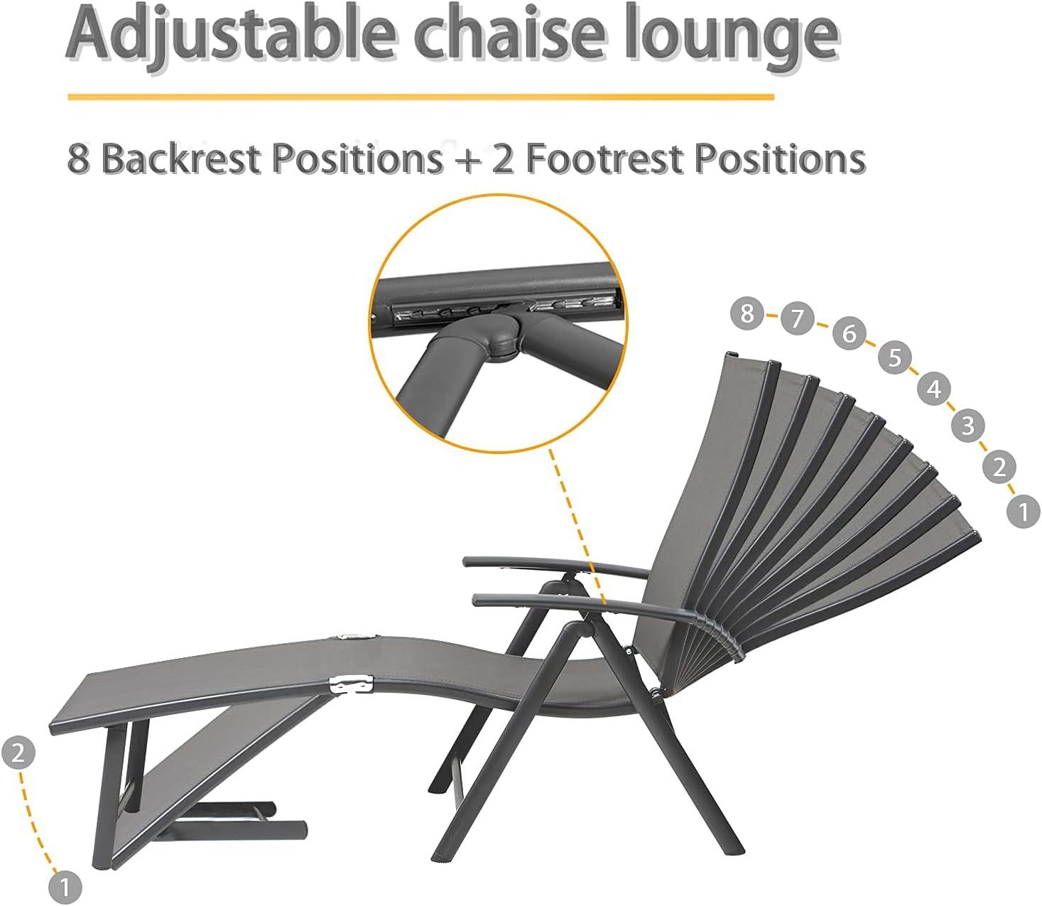 Adjustable Aluminum patio Chaise Lounge Chair, 8 Positions, Folding Outdoor Recliners, All Weather For Beach, Pool And Yard (Set of 2)