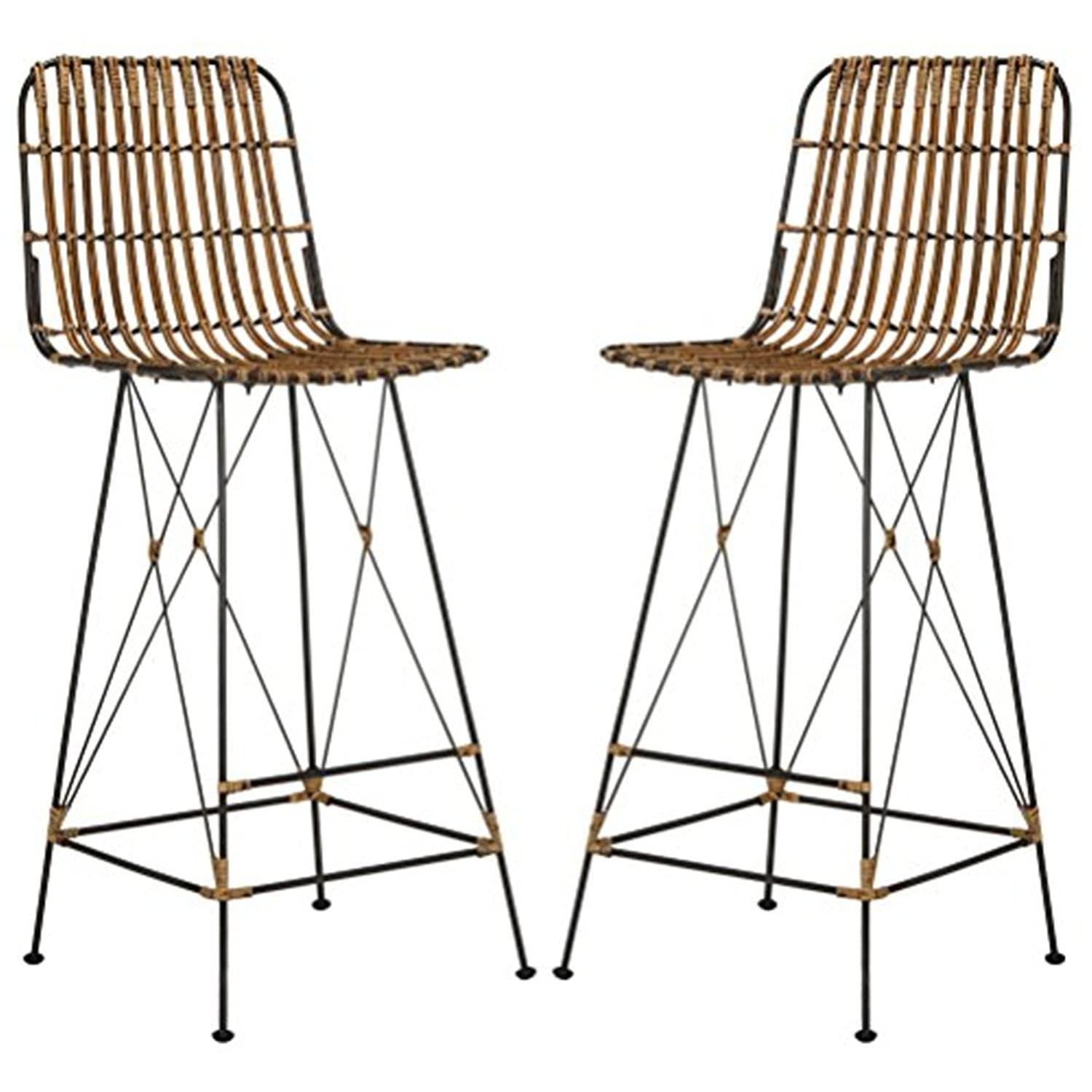 Minerva Wicker Bar Stool (Set of 2) - Natural/Black - Safavieh