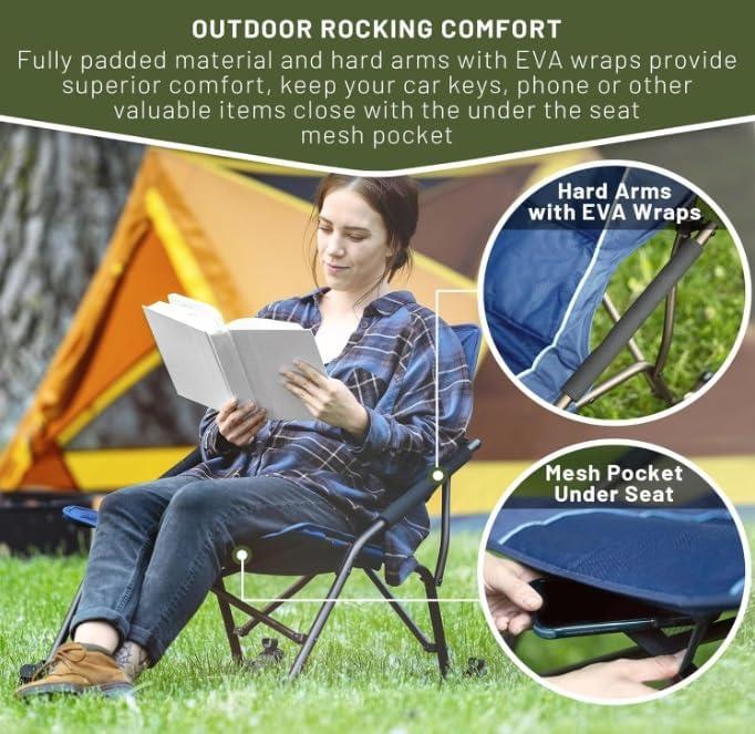 Folding Rocking Camping Chair with Hard Armrests, Portable Outdoor Rocker for Patio, Garden, Lawn, Supports up to 250 lbs, Blue