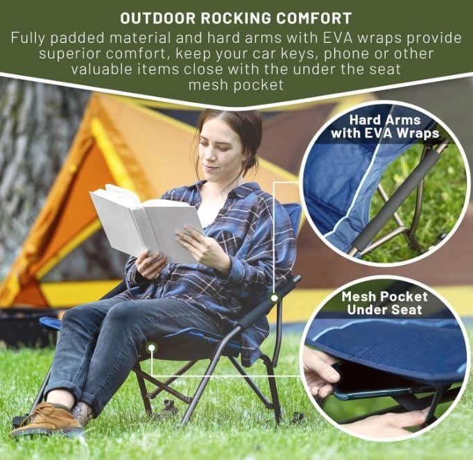 Folding Rocking Camping Chair with Hard Armrests, Portable Outdoor Rocker for Patio, Garden, Lawn, Supports up to 250 lbs, Blue