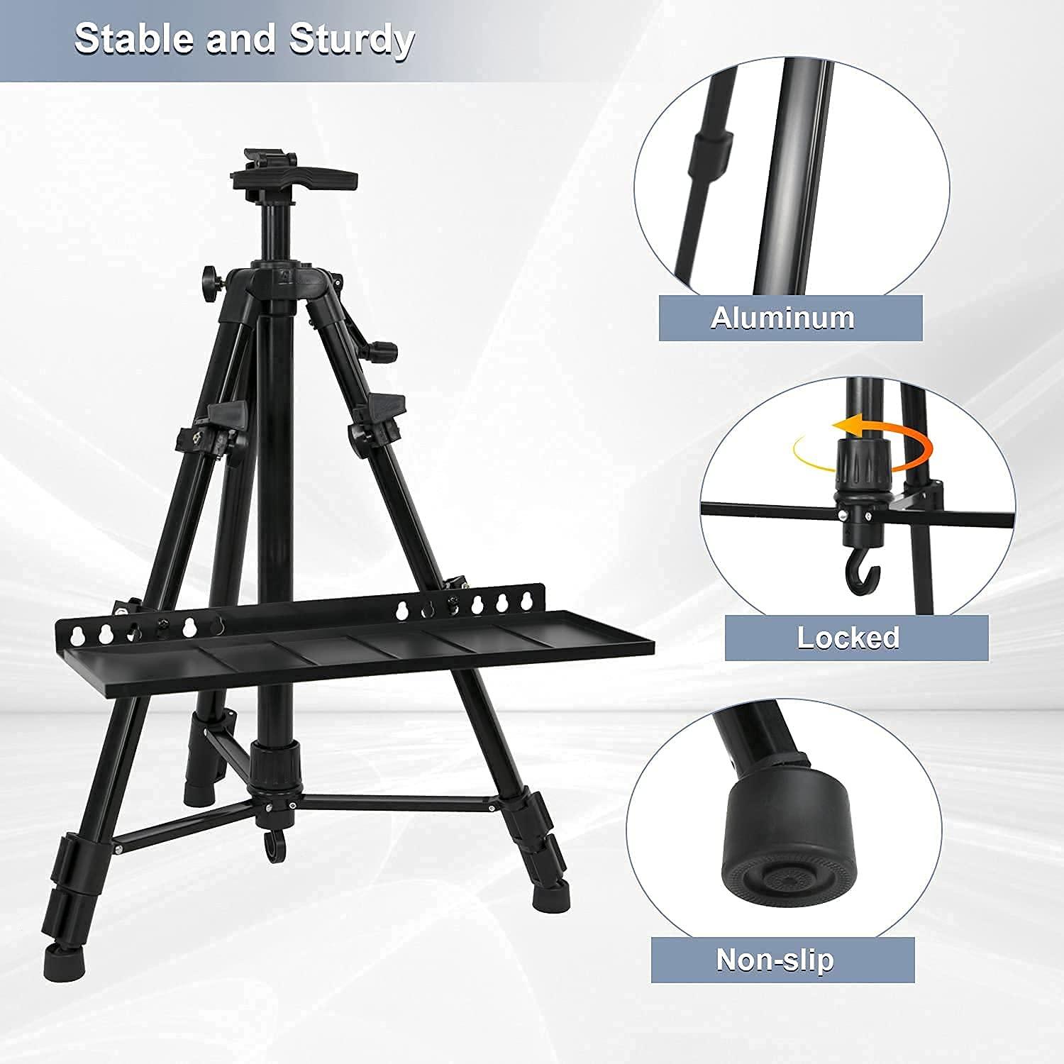 61"-20"Artist Easel Stand, Thick Aviation Aluminum Tripod Display Easel with Portable Bag for Floor/Table-Top Drawing and Displaying, Painting Easel for kids Adult, Spirit Level, Black