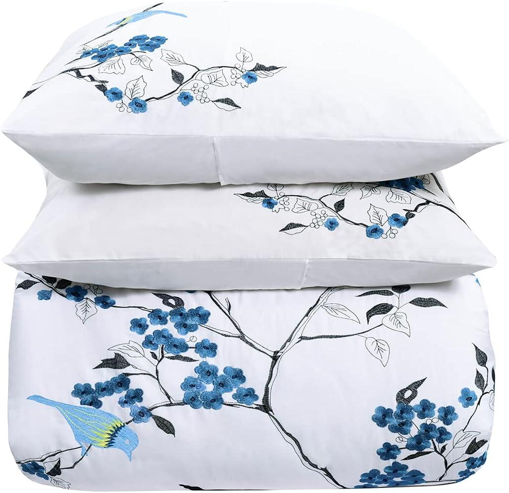 Superior Blue Floral Embroidered Cotton King Duvet Cover Set