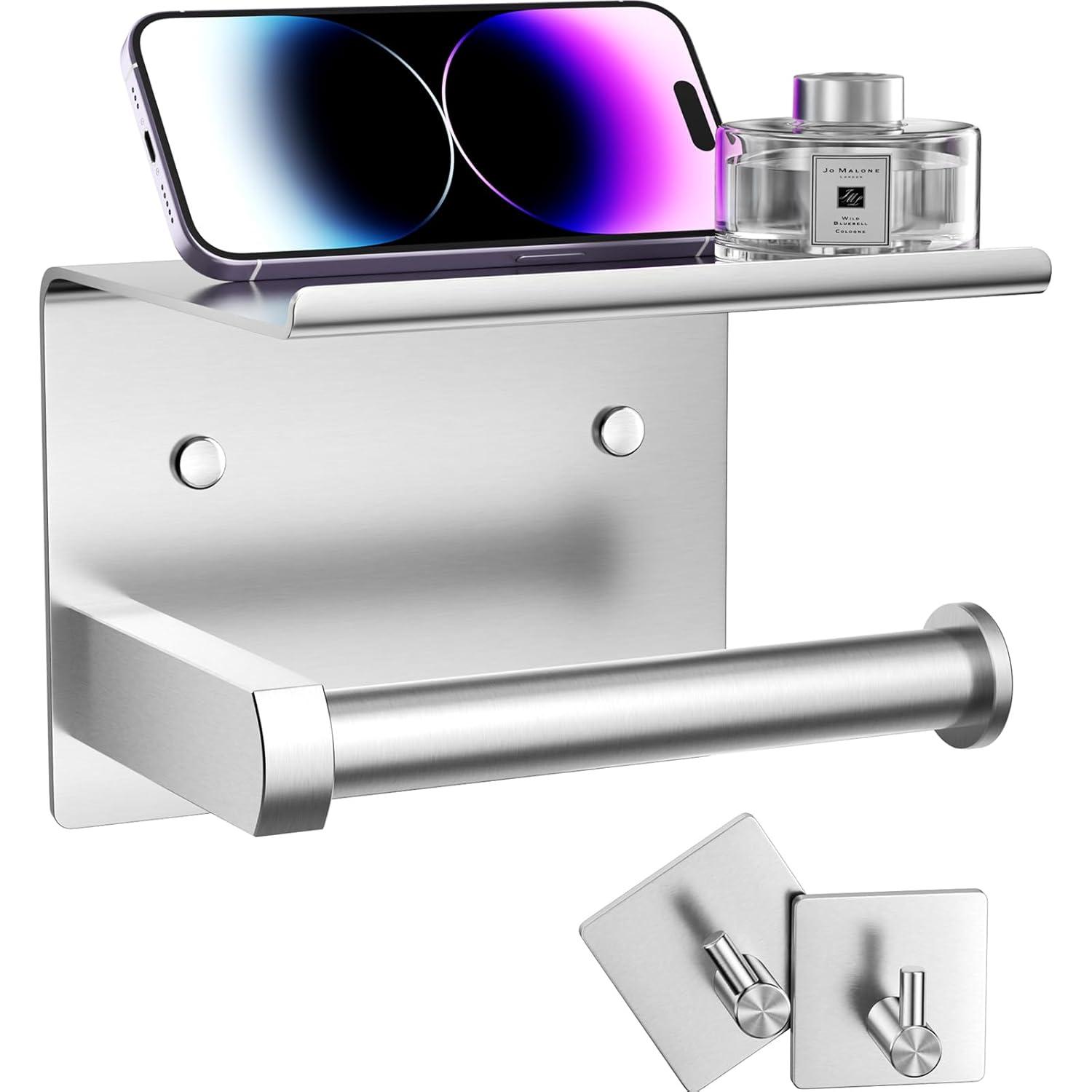Toilet Paper Holder with Phone Shelf and Towel Robe Hooks