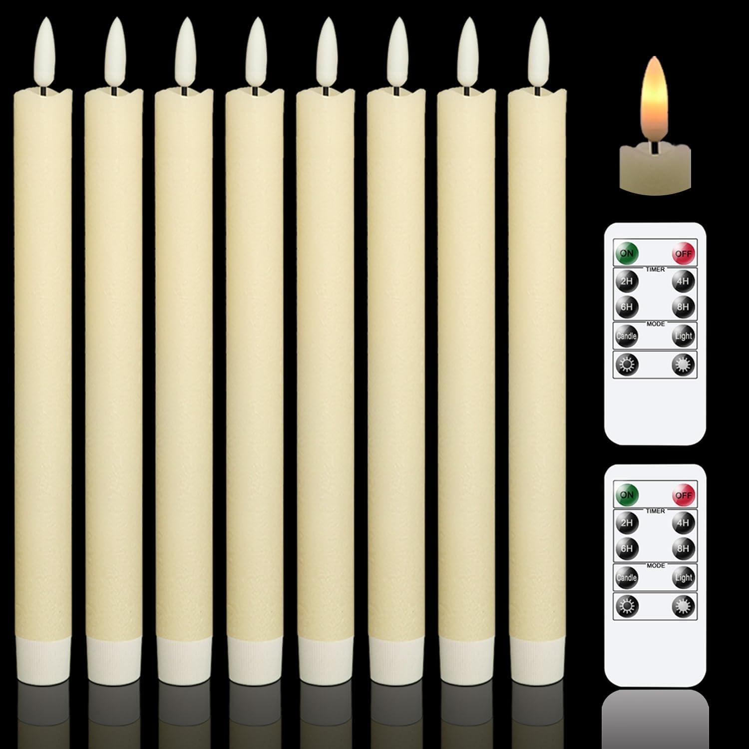 Ivory Flameless Flickering Taper Candles with Remote, Pack of 8