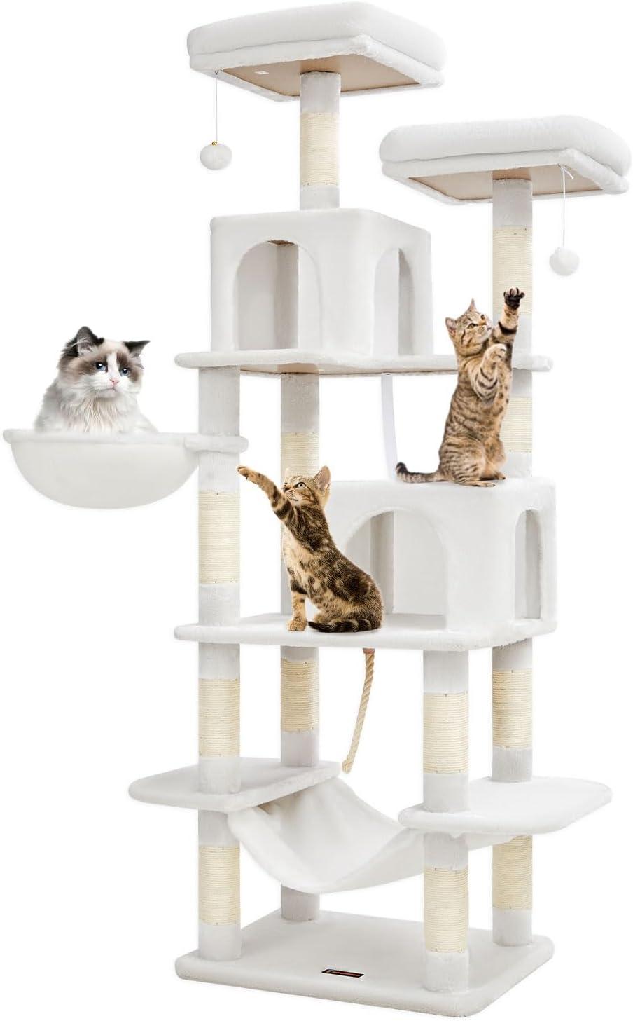 Tucker Murphy Pet™ Cat Tree, 71.7-Inch Cat Tower For Indoor Cats, Plush Multi-Level Cat Condo With 13 Scratching Posts, 2 Perches, 2 Caves, Hammock, 2 Pompoms, Cream White MS013LC