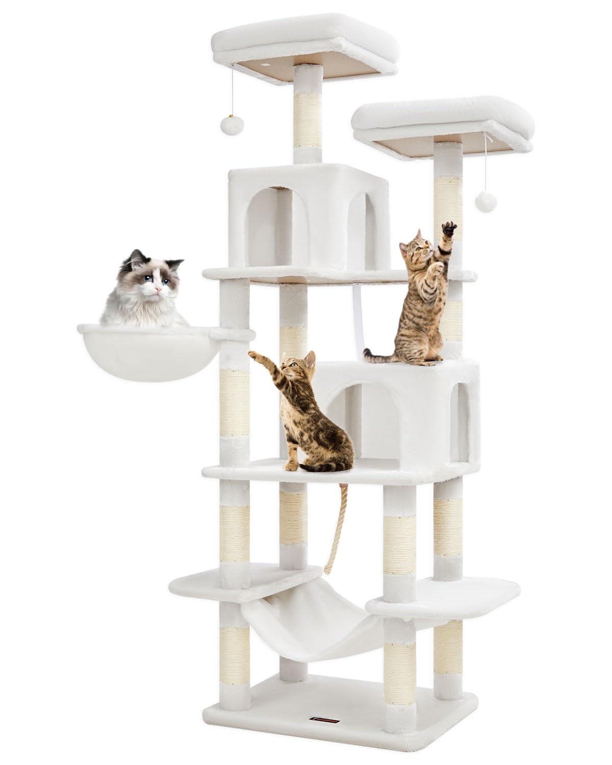 Tucker Murphy Pet™ Cat Tree, 71.7-Inch Cat Tower For Indoor Cats, Plush Multi-Level Cat Condo With 13 Scratching Posts, 2 Perches, 2 Caves, Hammock, 2 Pompoms, Cream White MS013LC