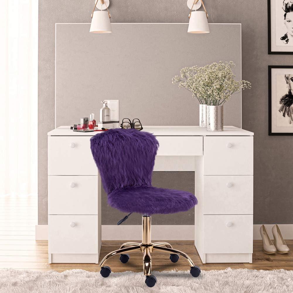 Purple Faux Fur Mid-Back Swivel Vanity Chair with Gold Legs