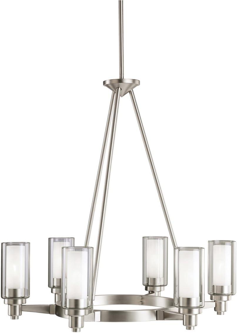 Circolo 26.5" 6 light Round Chandelier with Clear Outer and Satin Etched Inner Cylinders Brushed Nickel