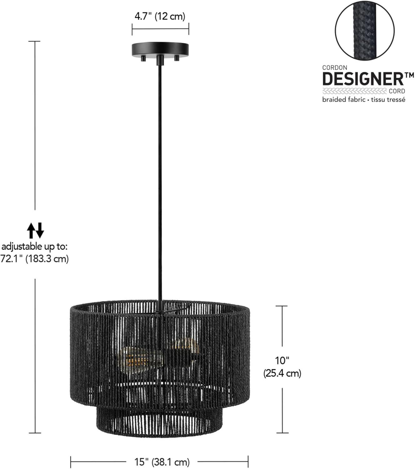 Matte Black Metal Drum Pendant Light with Paper Shade