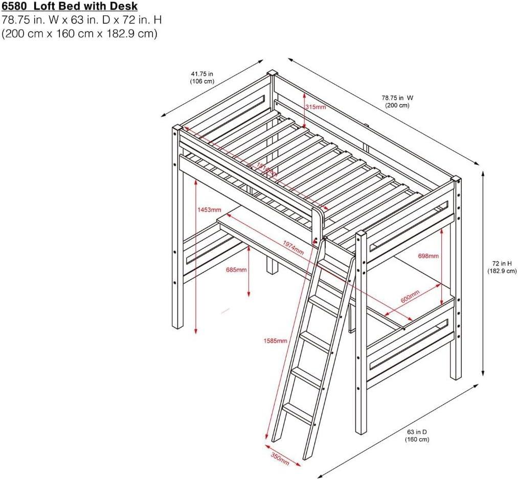 Espresso Twin Wood Loft Bed with Headboard and Slats